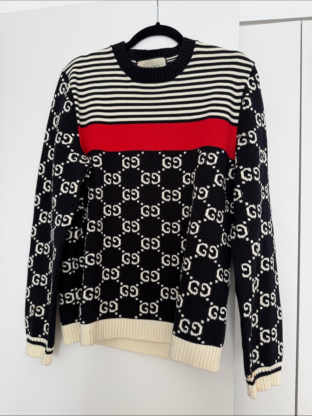Gucci Black, White & Red GG Jacquard Crewneck Sweater